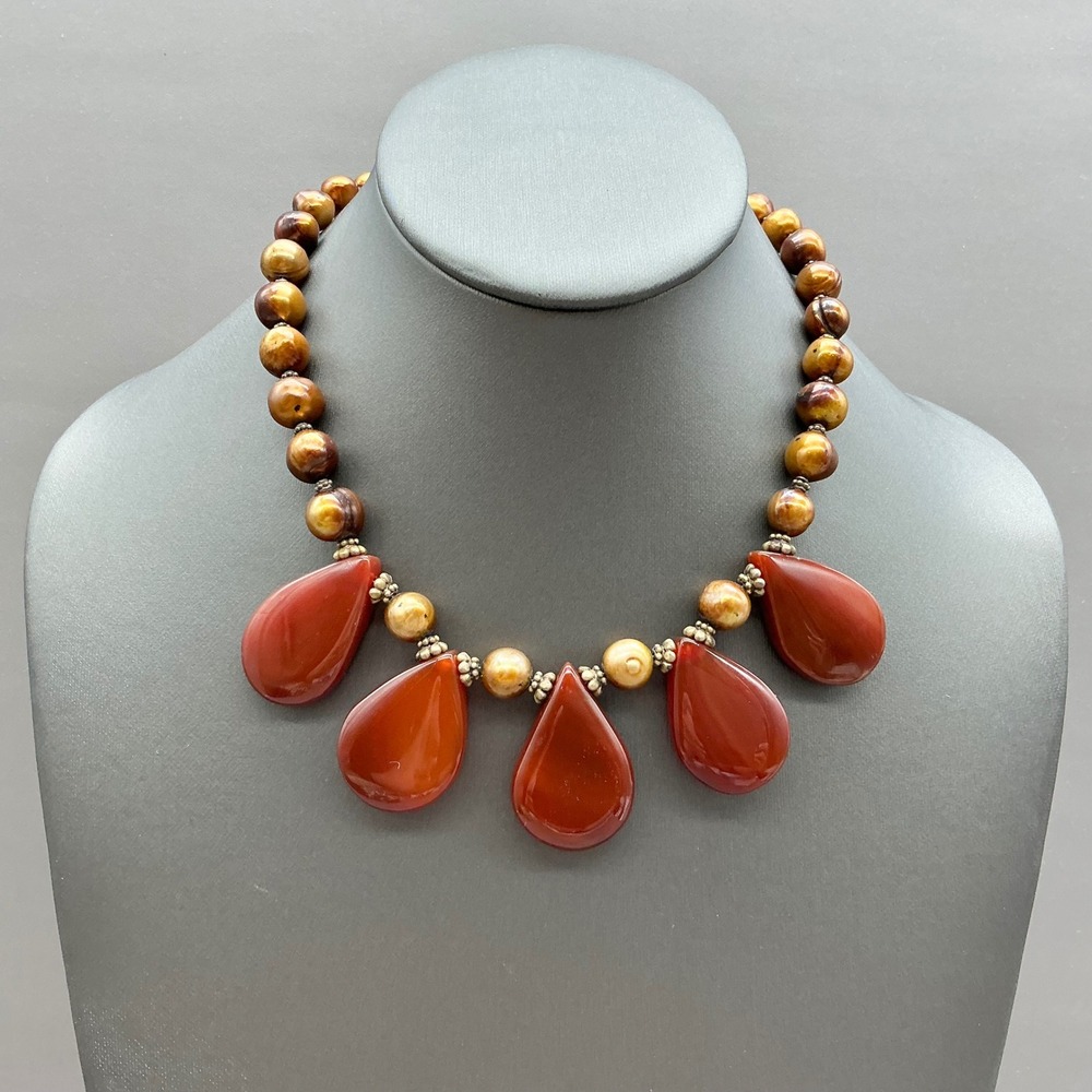 Necklace Genuine Carnelian Golden Pearl Gold Vermeil Teardrop Statement Jewelry